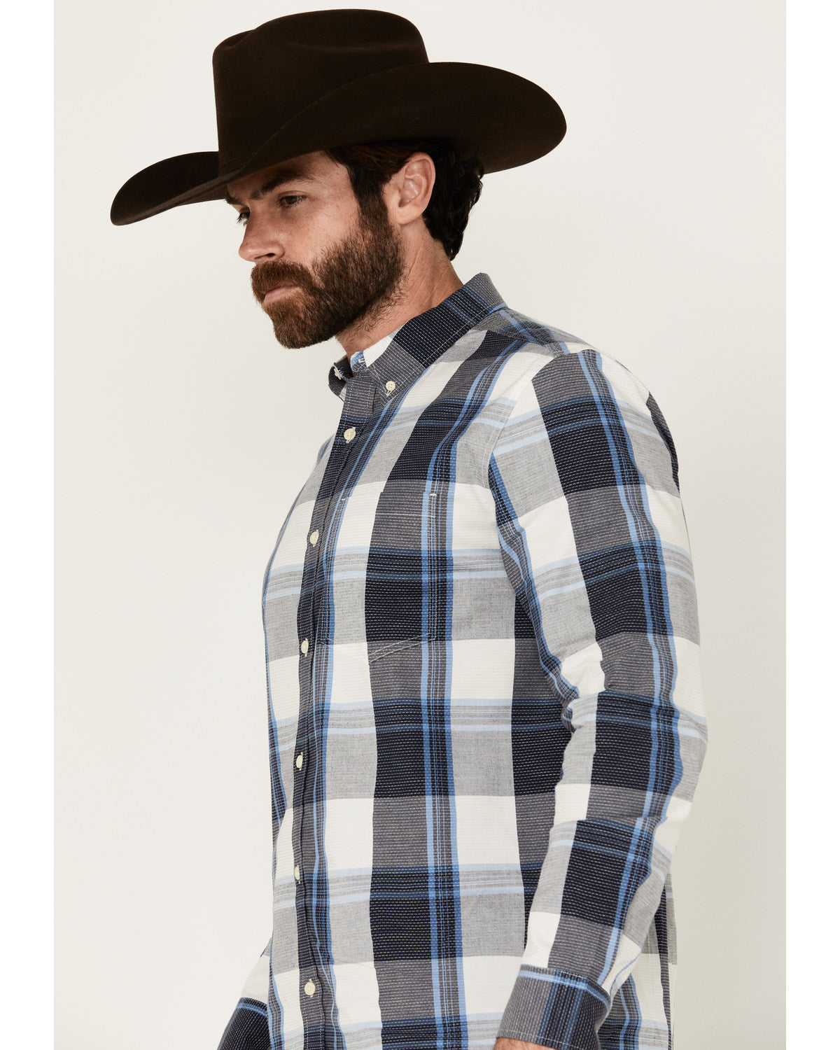 Men's Gallop Plaid Print Long Sleeve Button-Down Stretch We White