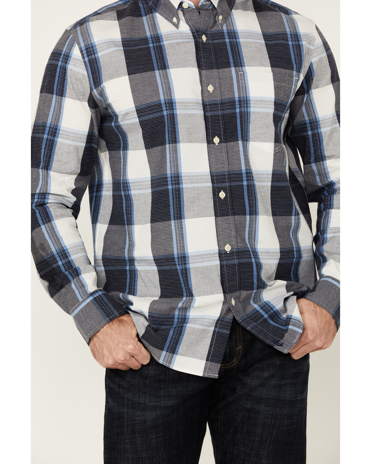 Men's Gallop Plaid Print Long Sleeve Button-Down Stretch We White