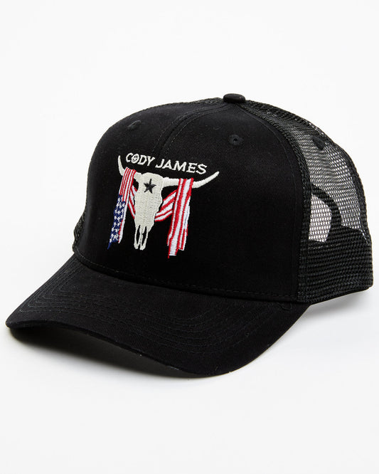 Men's Embroidered Steer Head American Flag Ball Cap Black