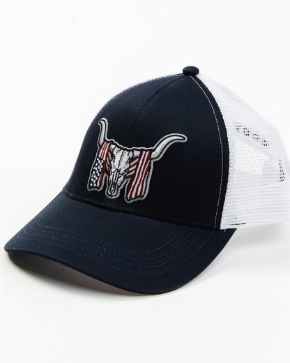 Men's Long Horn Skull Flag Embroidered Ball Cap Navy