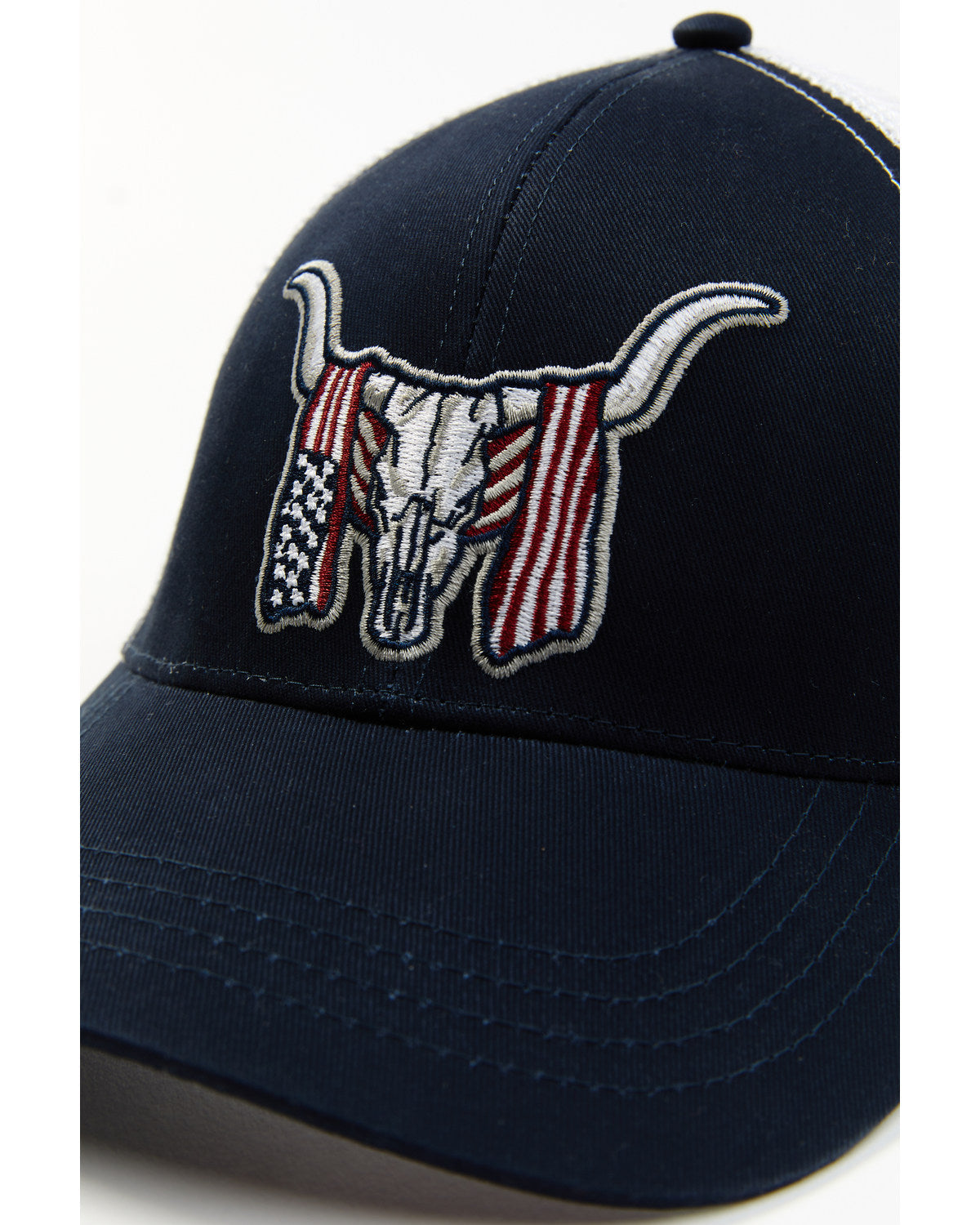 Men's Long Horn Skull Flag Embroidered Ball Cap Navy