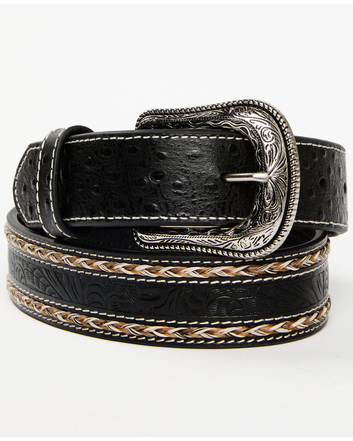 Men's Horsehair with Floral Tooled Inlay Belt Black