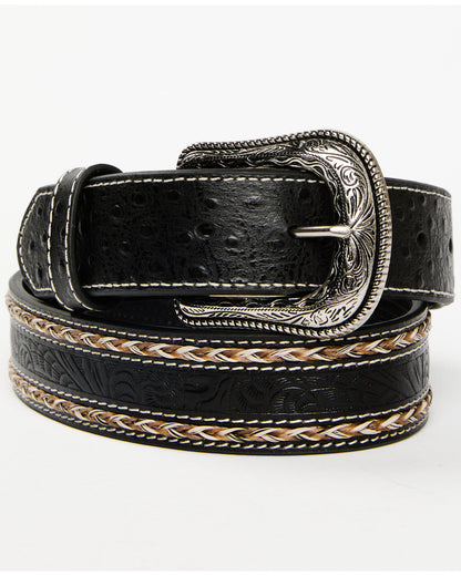 Men's Horsehair with Floral Tooled Inlay Belt Black