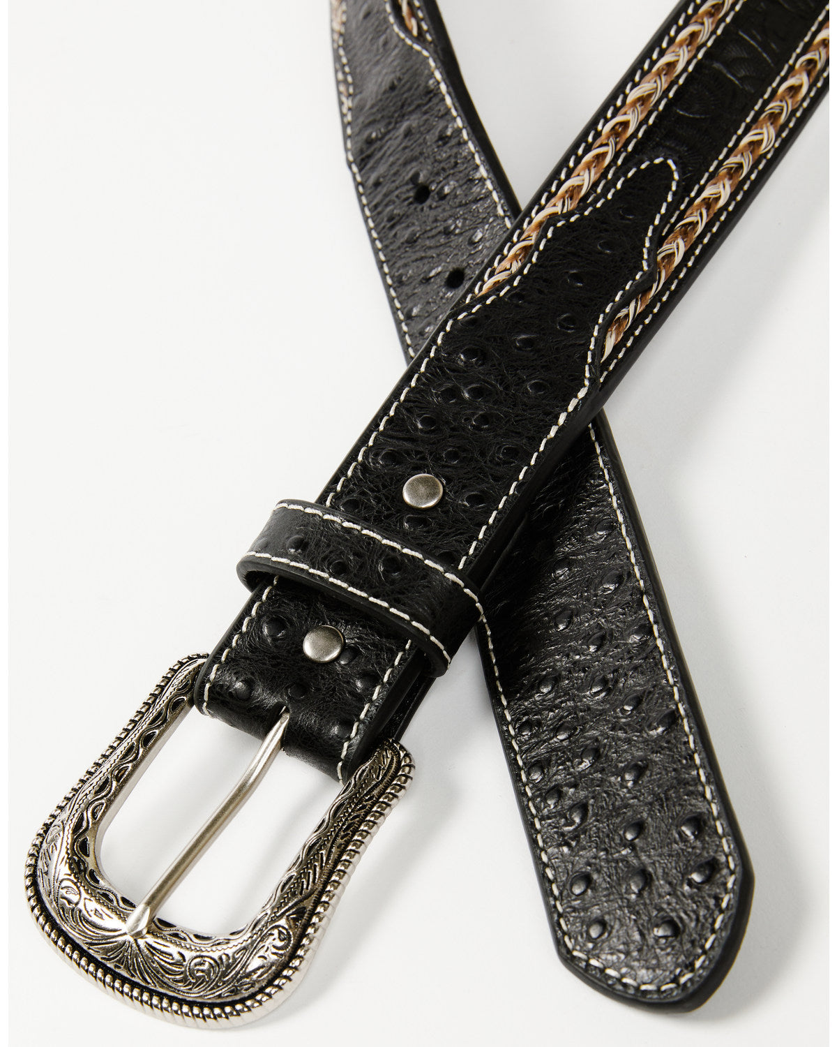 Men's Horsehair with Floral Tooled Inlay Belt Black