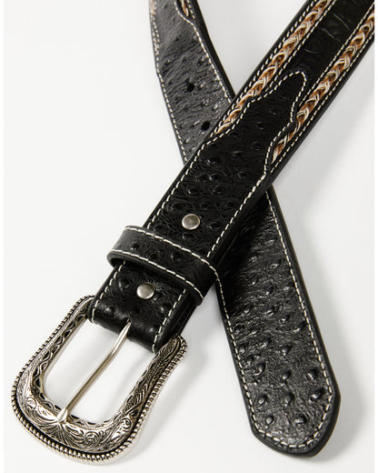 Men's Horsehair with Floral Tooled Inlay Belt Black