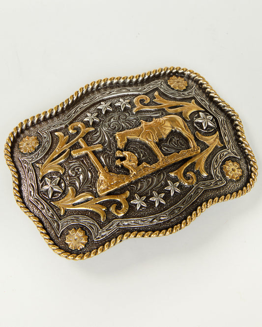 Christian Cowboy Rectangle Belt Buckle Silver