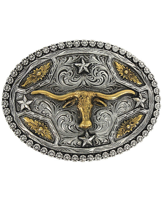 Men's Oval Longhorn Belt Buckle Silver