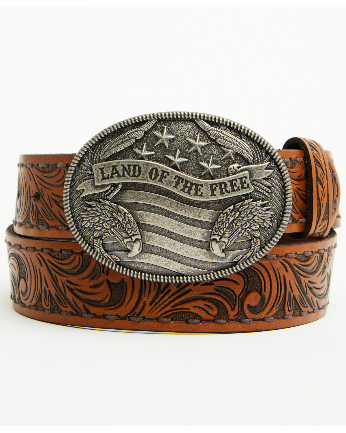 Men's Land of the Free Tooled Buckle Belt Brown