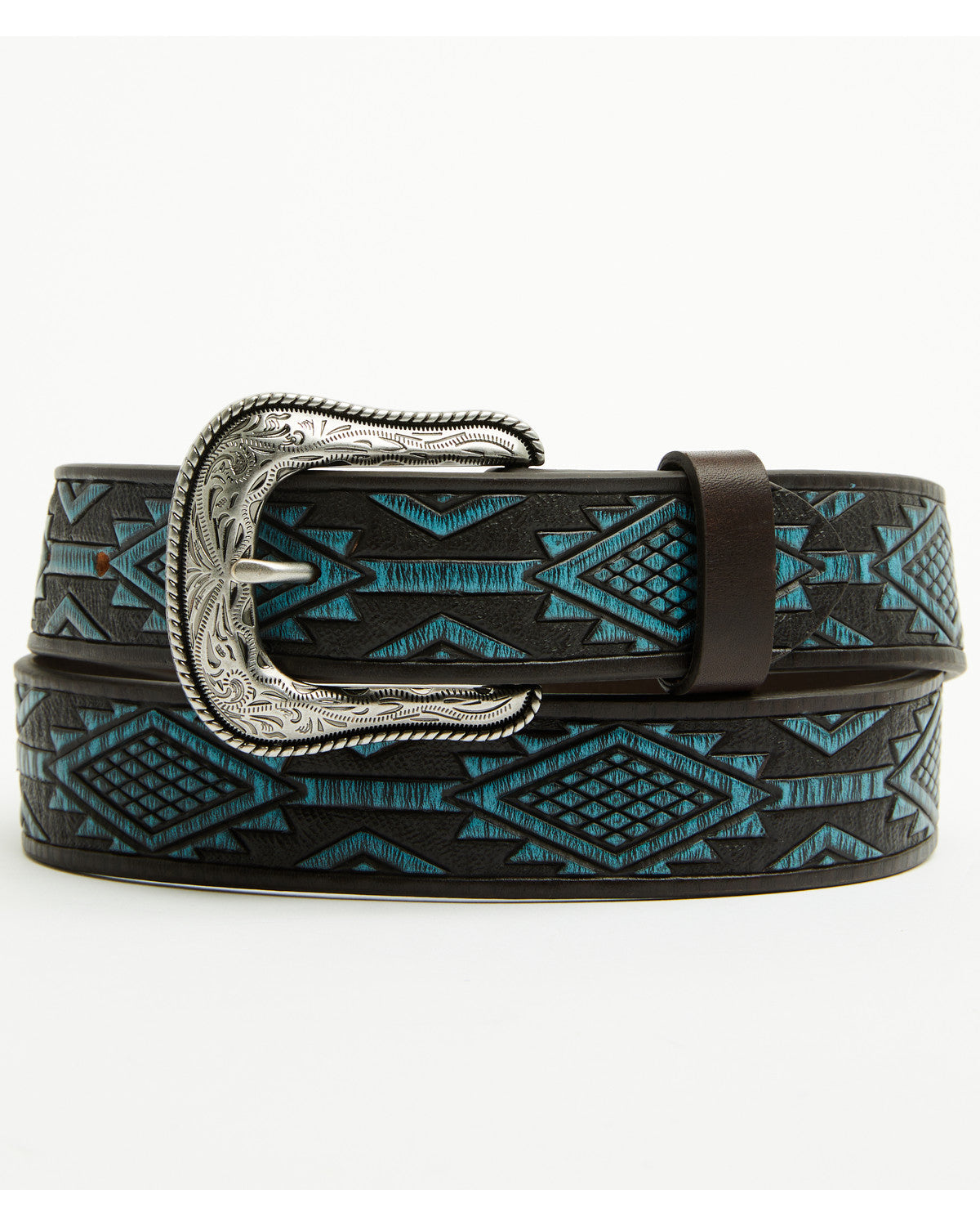 Men's Hand Painted Southwestern Print Embossed Leather Belt Dark Blue