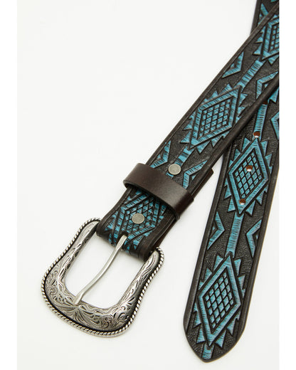 Men's Hand Painted Southwestern Print Embossed Leather Belt Dark Blue