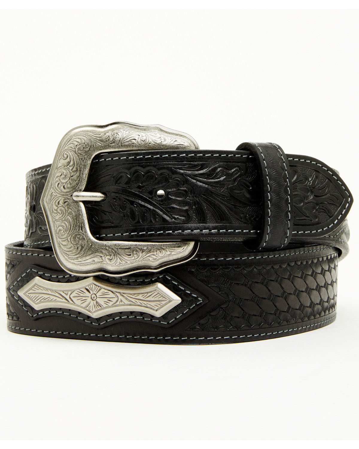 Men's Concho Tooled Western Belt Black