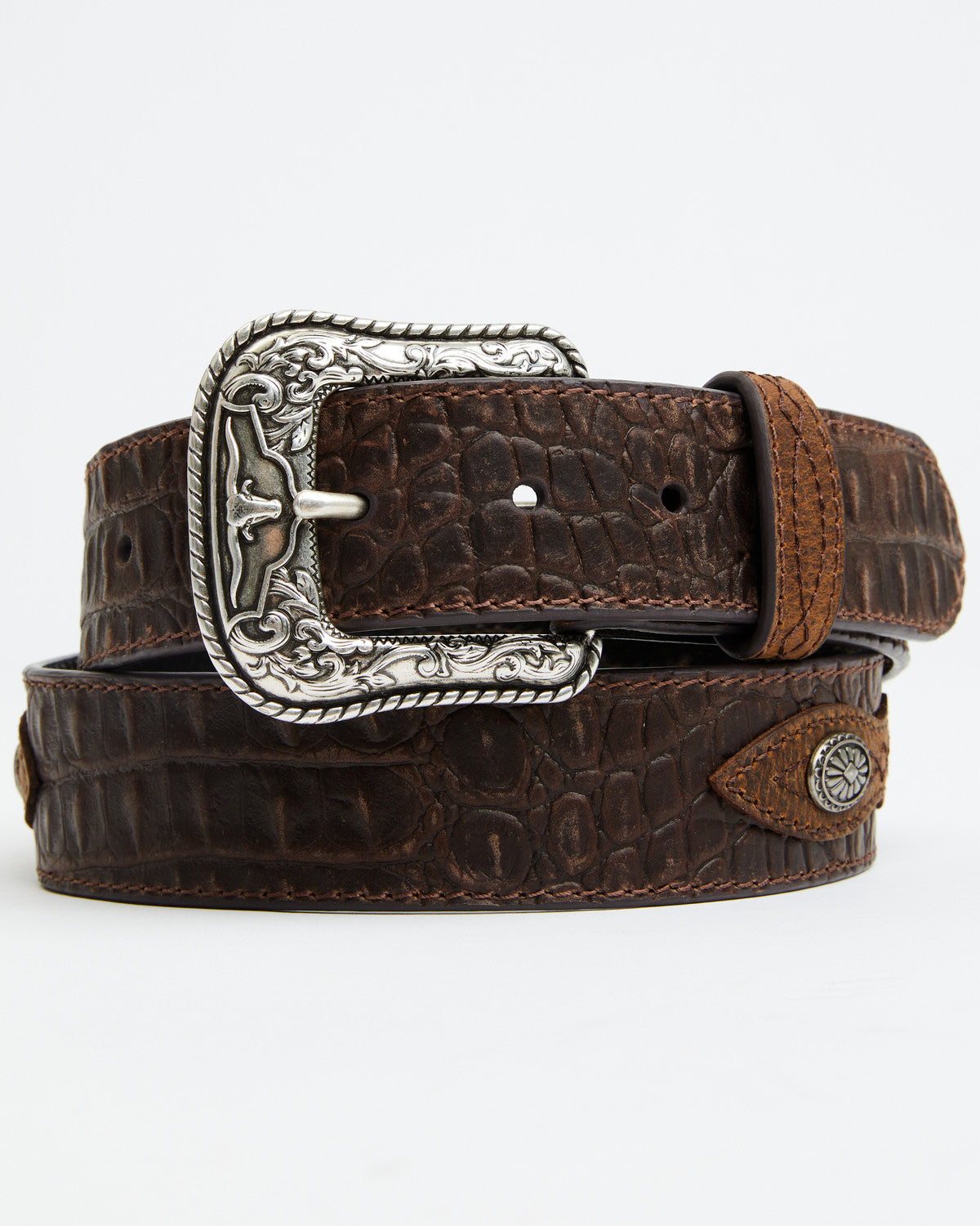 Men's Caiman Print Medallion Leather Belt Dark Brown
