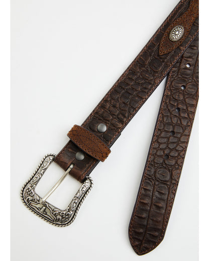 Men's Caiman Print Medallion Leather Belt Dark Brown