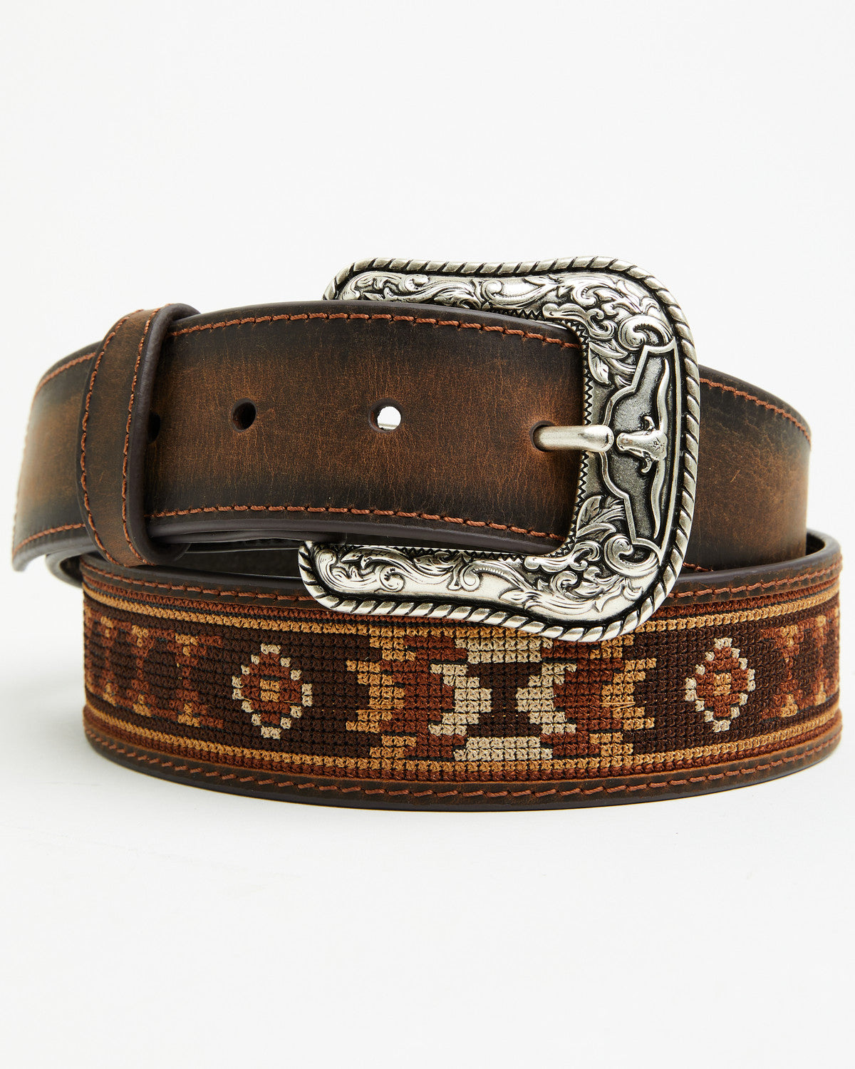 Men's Southwestern Needlepoint Inlay Leather Belt Dark Brown