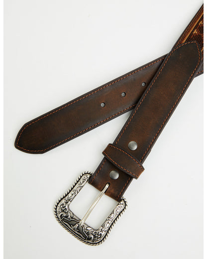 Men's Southwestern Needlepoint Inlay Leather Belt Dark Brown