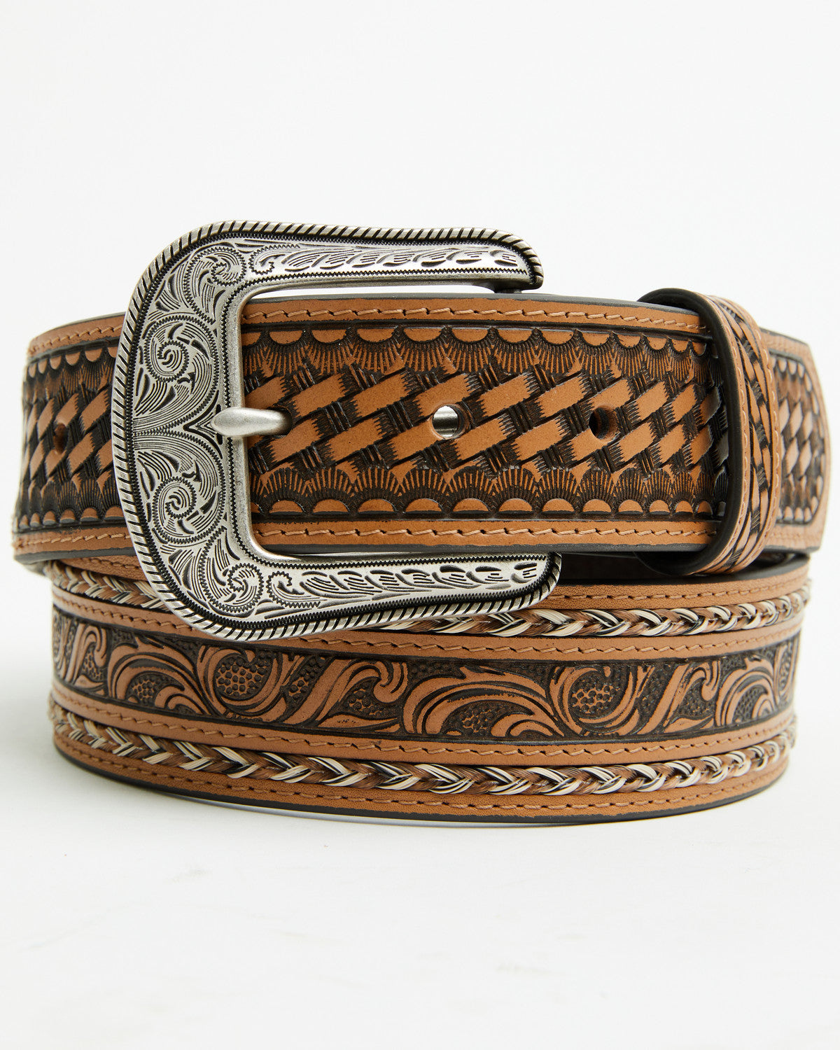 Men's Keaton Basketweave Tooled Leather Belt Tan