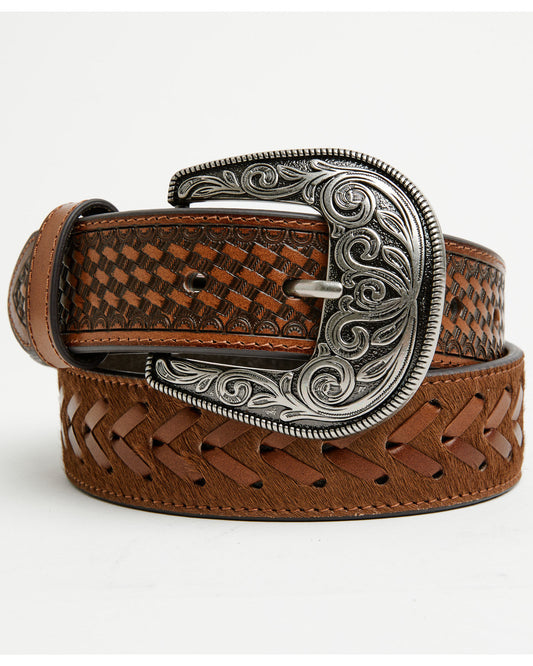 Men's Clyde Hairon Whipstitch Tooled Leather Belt Brown