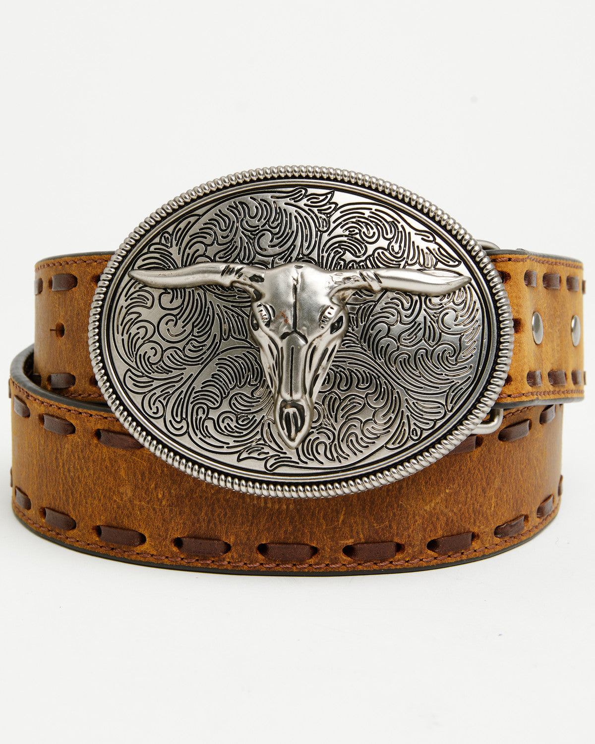 Men's Longhorn Whipstitch Buckle Belt Brown