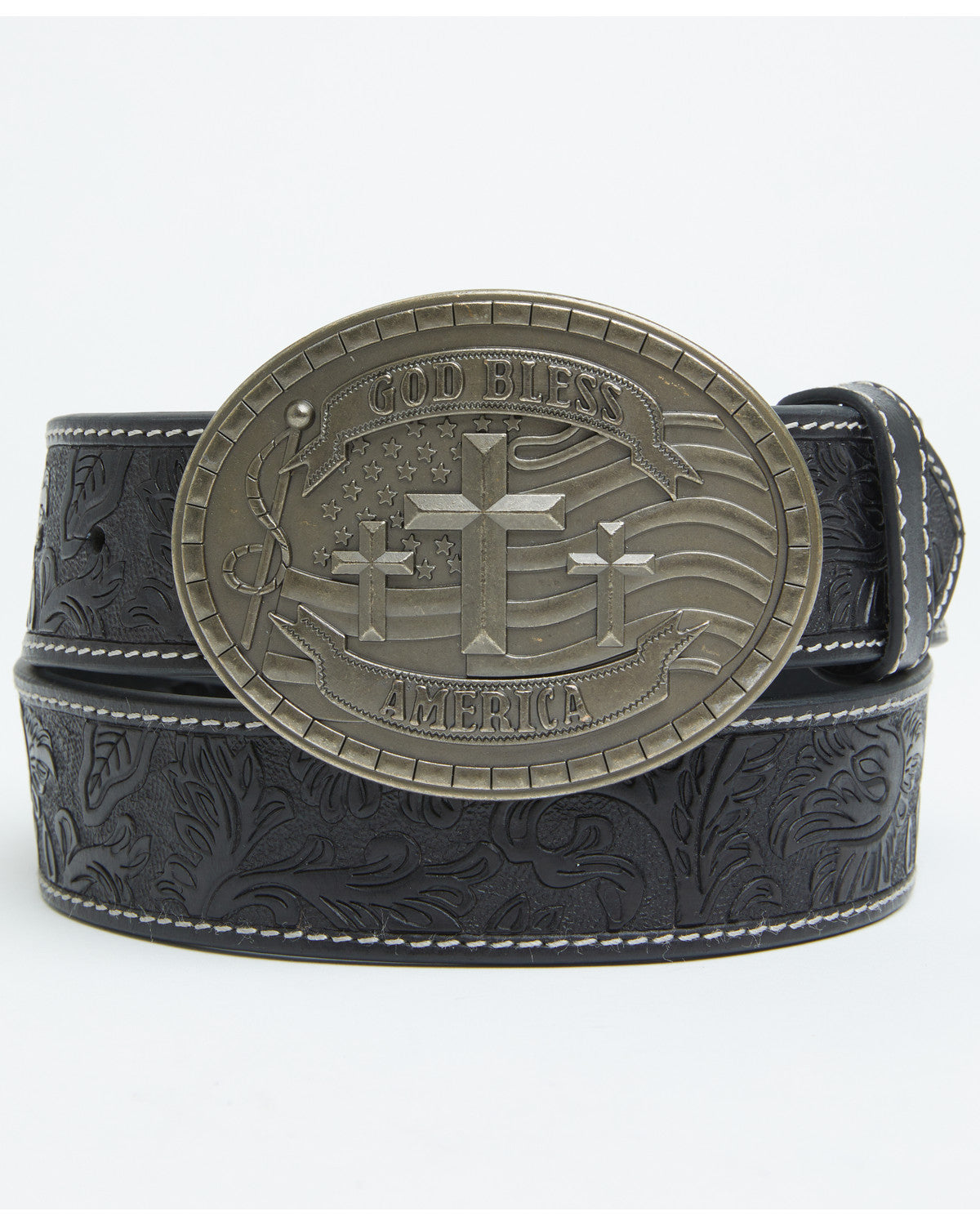 Men's God Bless America Tooled Buckle Belt Black