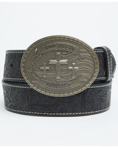 Men's God Bless America Tooled Buckle Belt Black