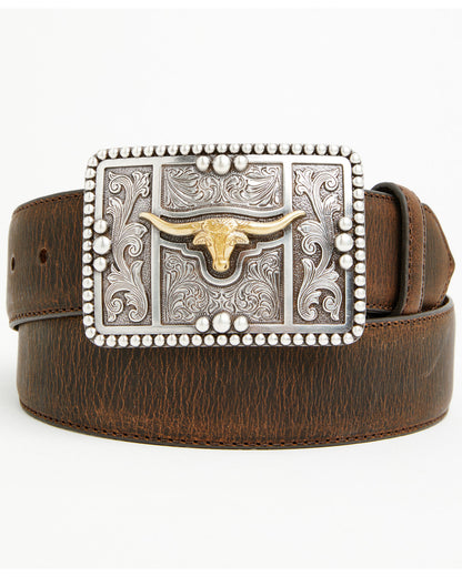 Men's Filigree Longhorn Leather Belt Brown