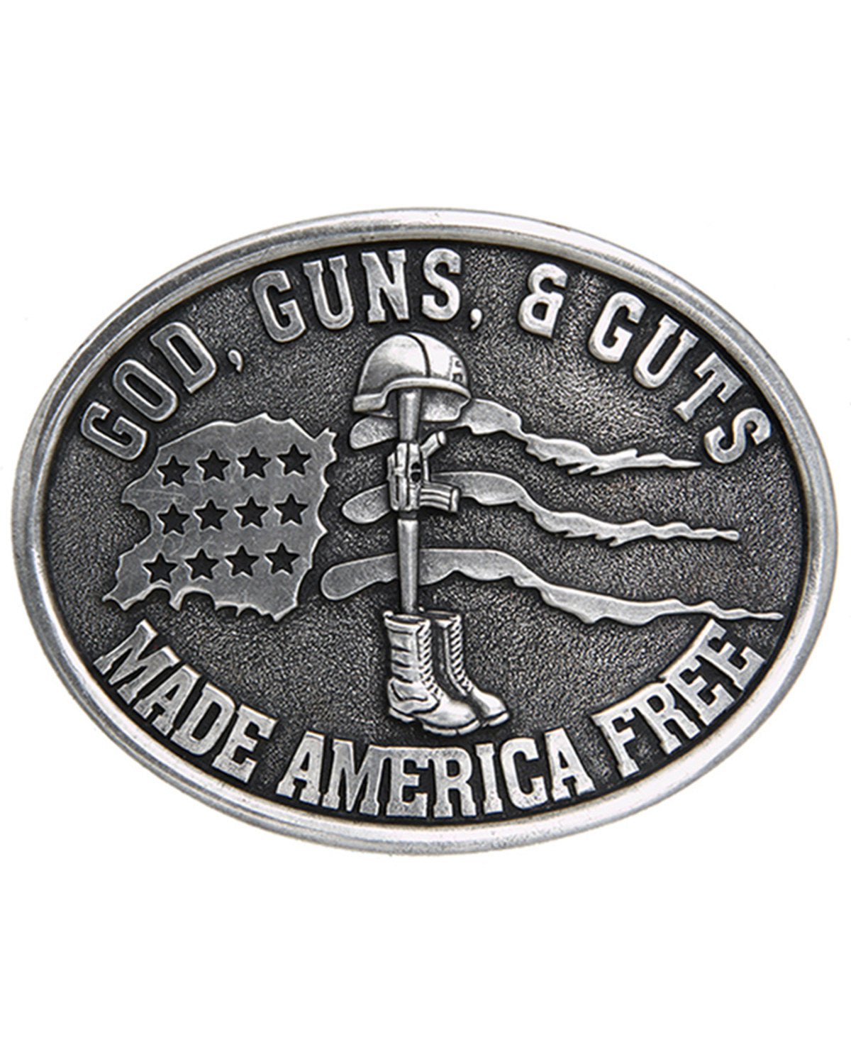 Men's God, Guns, & Guts Made America Free Buckle Silver