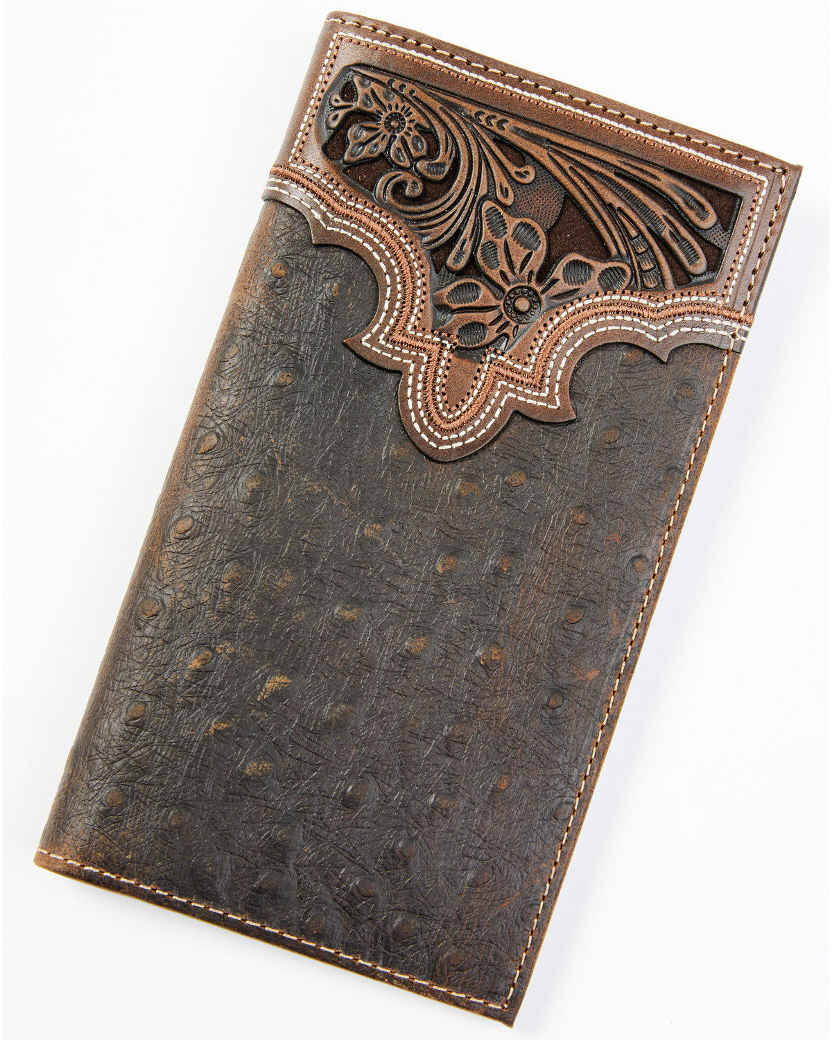Men's Ostrich Tooled Checkbook Wallet Brown