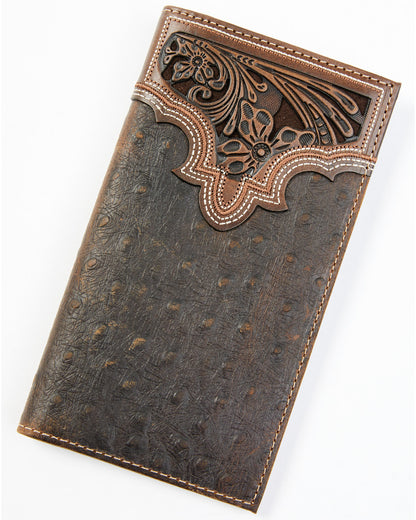 Men's Ostrich Tooled Checkbook Wallet Brown