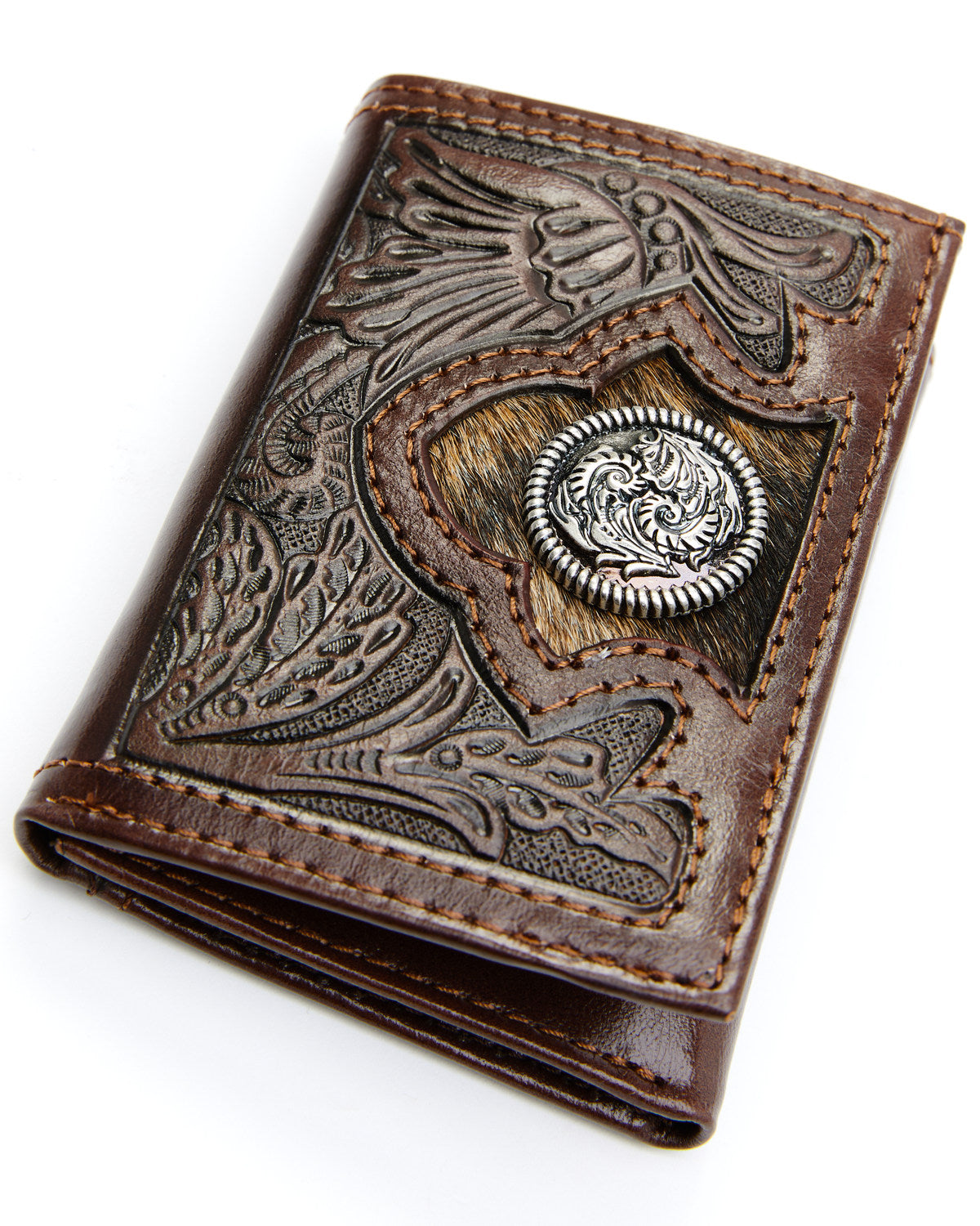 Men's Hair-On Floral Tooled Trifold Wallet Brown