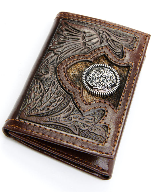 Men's Hair-On Floral Tooled Trifold Wallet Brown