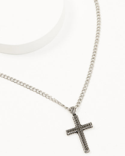 Men's Textured Chevron Cross Necklace Silver