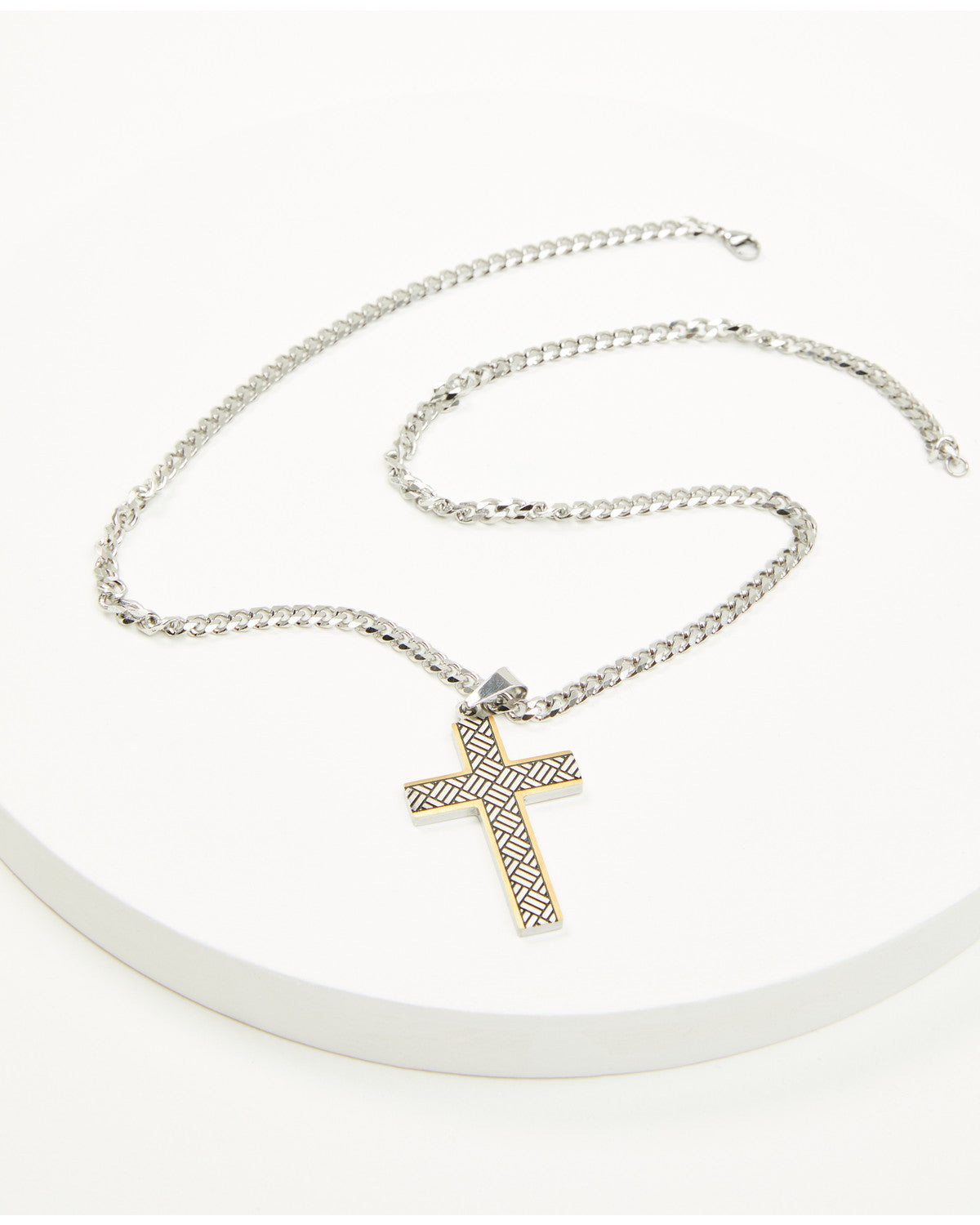 Men's Two-Tone Textured Cross Necklace Silver