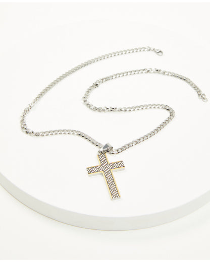Men's Two-Tone Textured Cross Necklace Silver