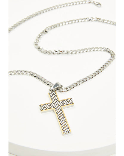 Men's Two-Tone Textured Cross Necklace Silver