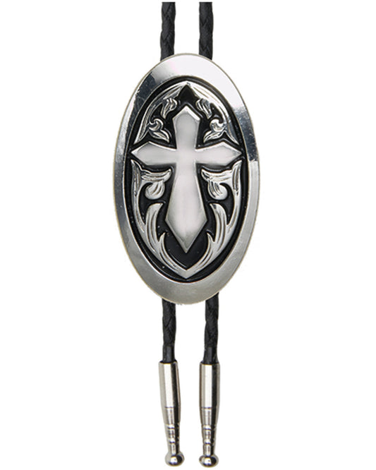 Men's Oval Cross Bolo Tie Silver