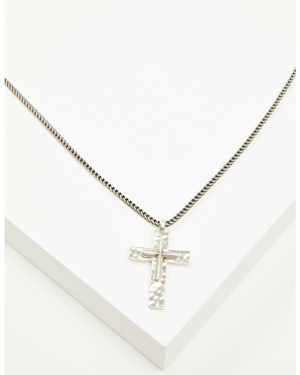 Men's Hammered Double Cross Necklace Silver