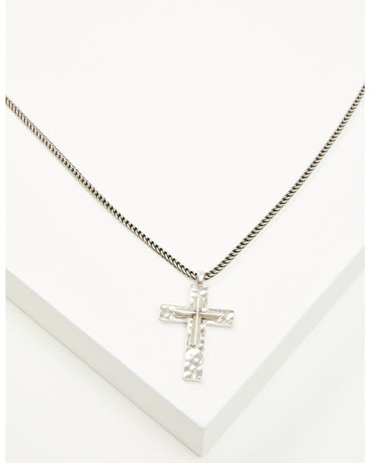 Men's Hammered Double Cross Necklace Silver