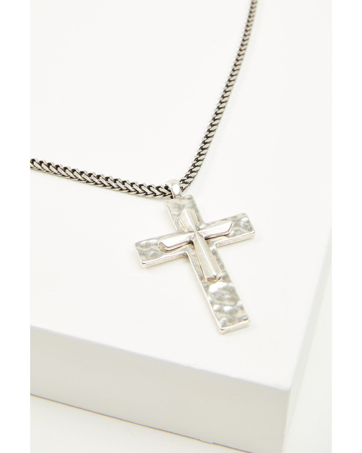 Men's Hammered Double Cross Necklace Silver