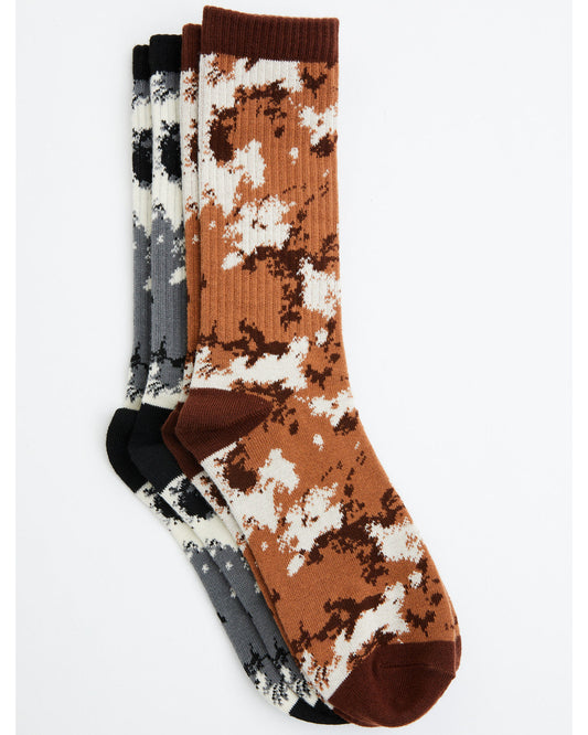 Men's Cow Print Crew Socks - 2 Pack Black/brown