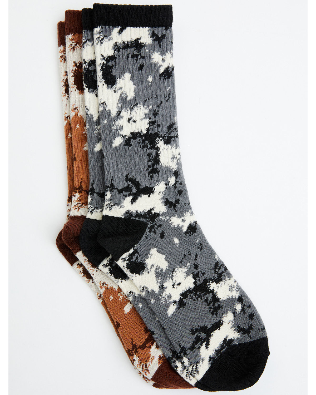 Men's Cow Print Crew Socks - 2 Pack Black/brown