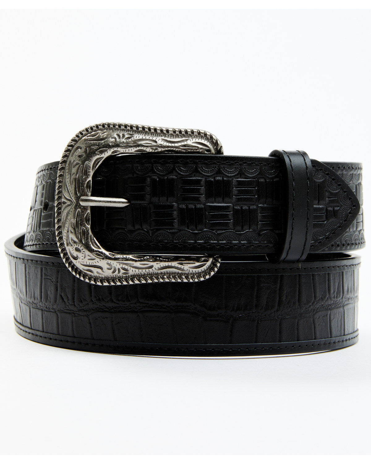 Men's Checkered Billets Alligator Print Leather Belt Black