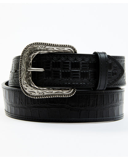 Men's Checkered Billets Alligator Print Leather Belt Black