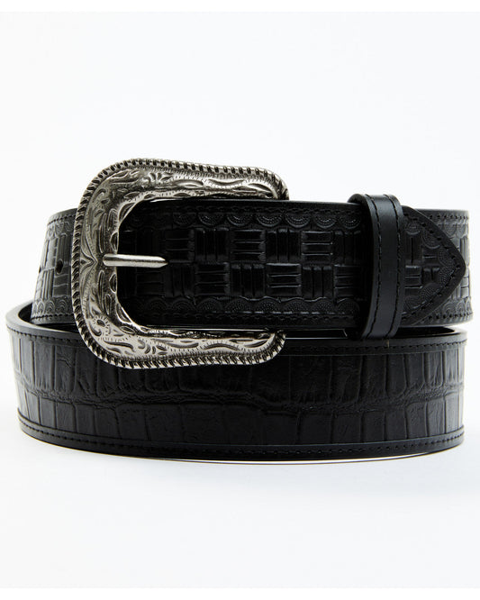 Men's Checkered Billets Alligator Print Leather Belt Black