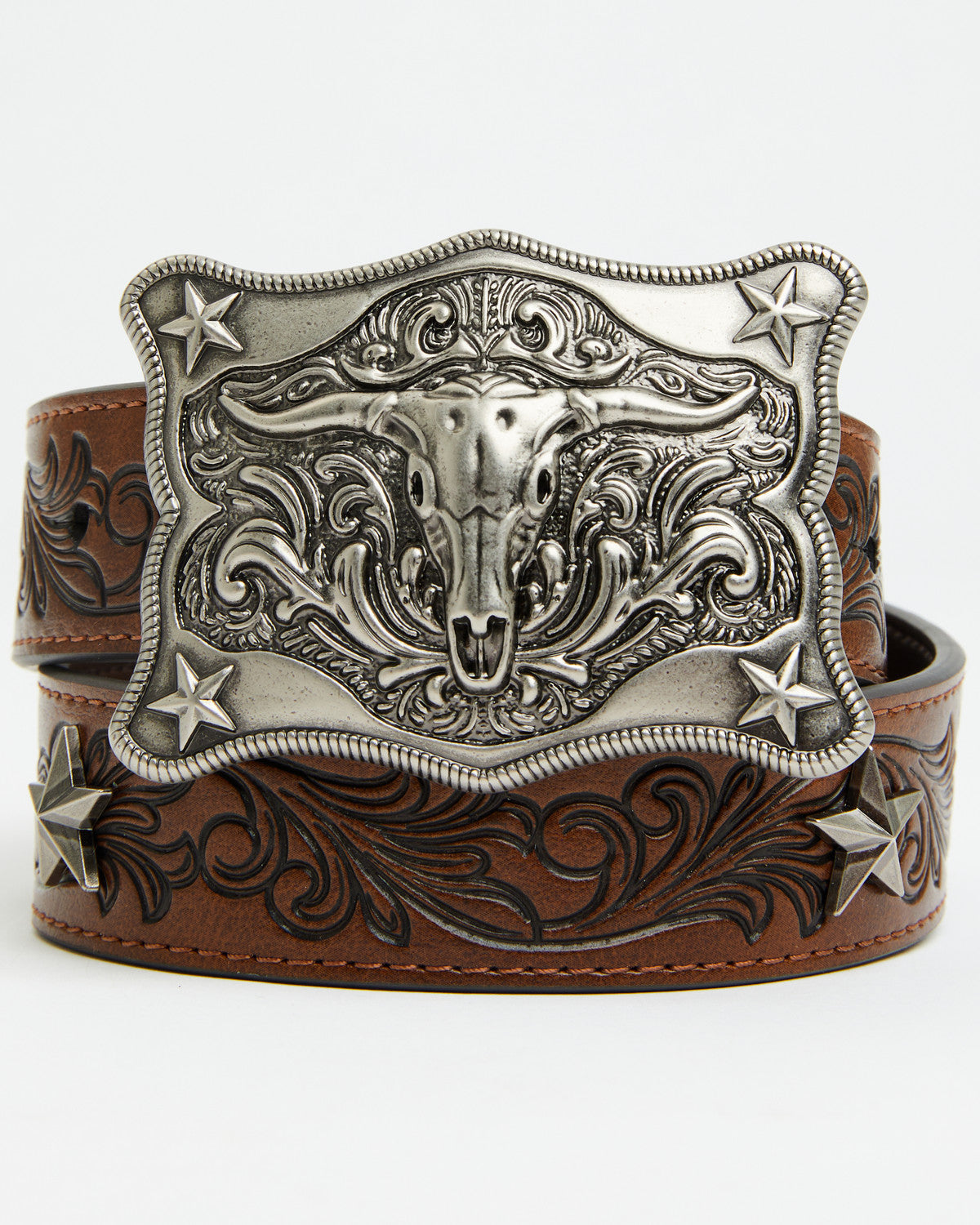 Boys' Longhorn Plaque Buckle with Star Concho Belt Dark Brown