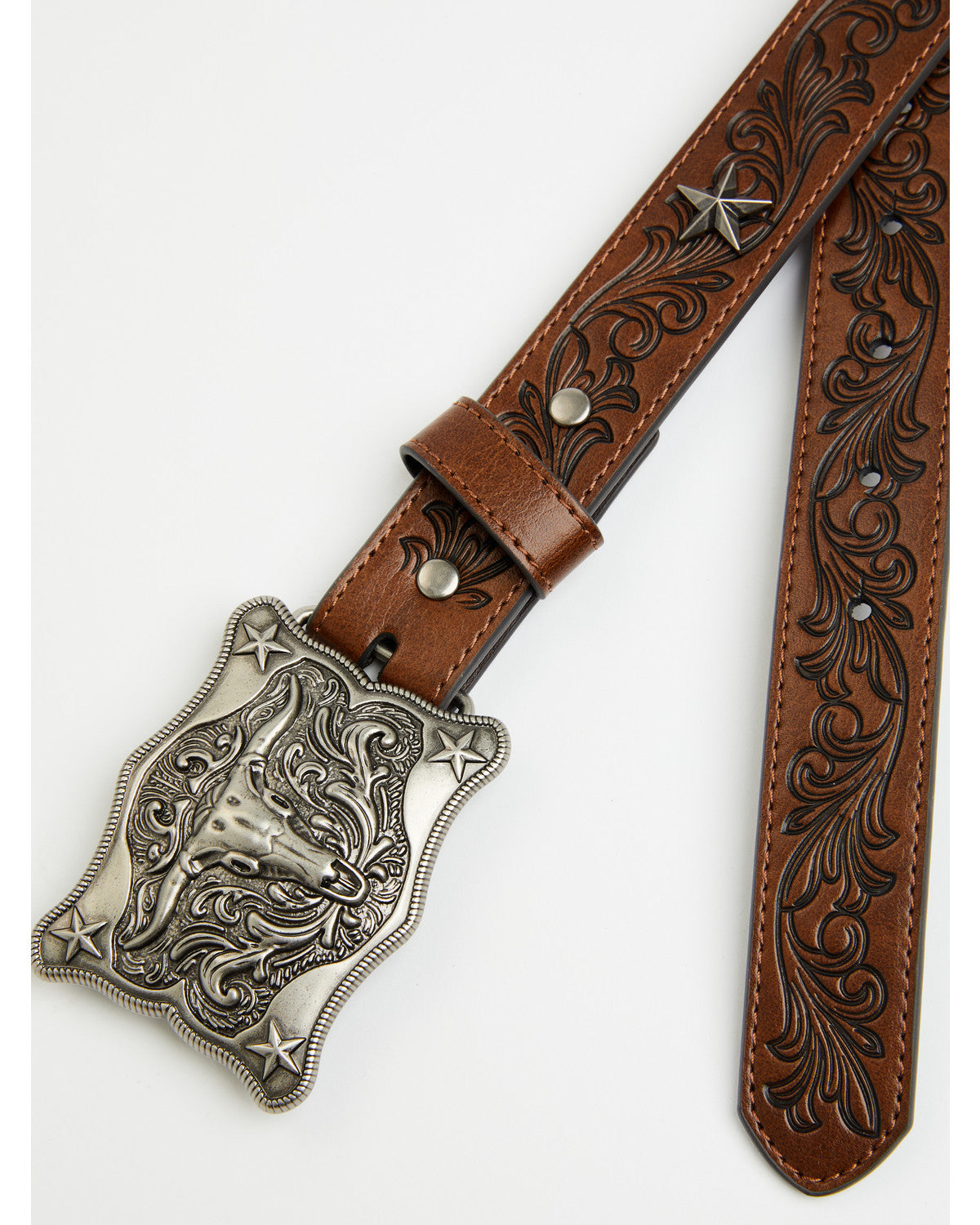 Boys' Longhorn Plaque Buckle with Star Concho Belt Dark Brown