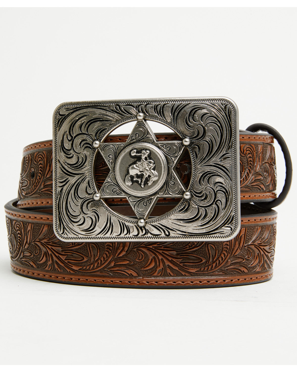 Boys' Sheriff Star Buckle Tooled Belt Brown
