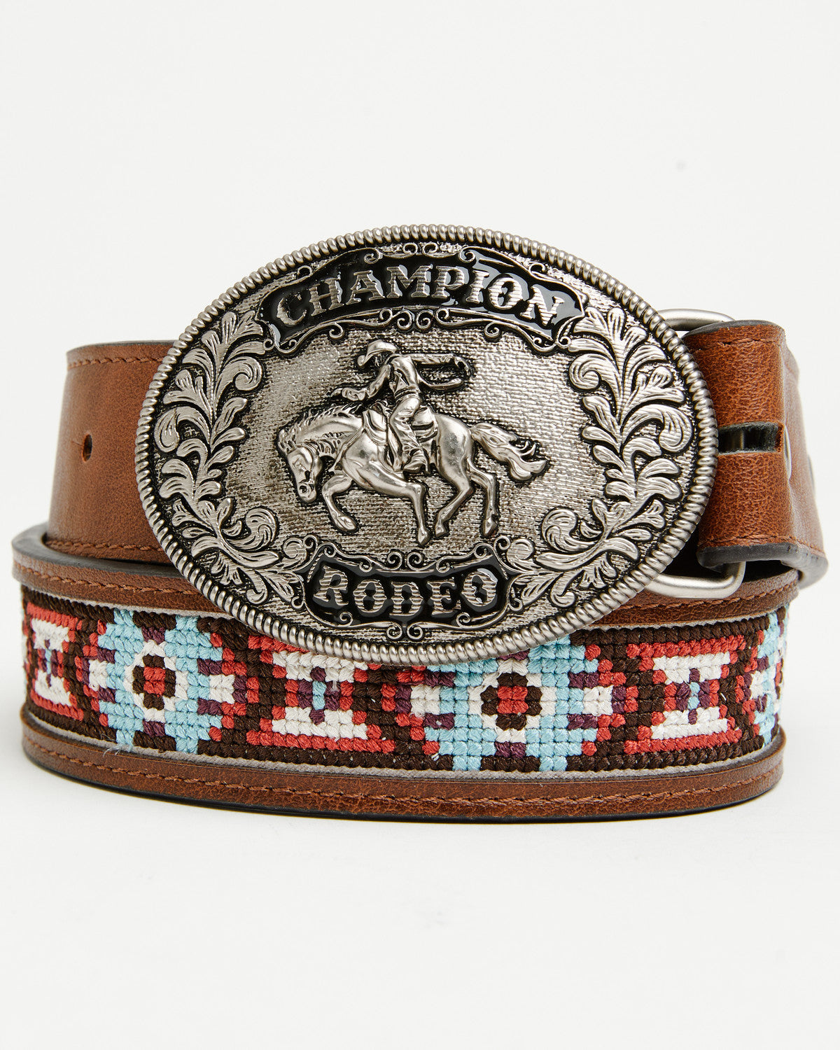 Boys' Rodeo Champ Southwestern Cross Stitched Bucked Belt Brown