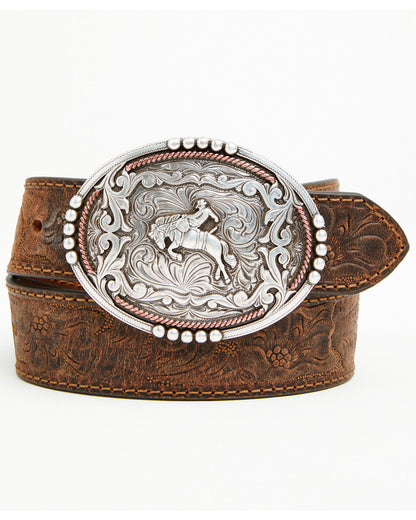 Boys' Bronc Rider Tooled Leather Belt Brown