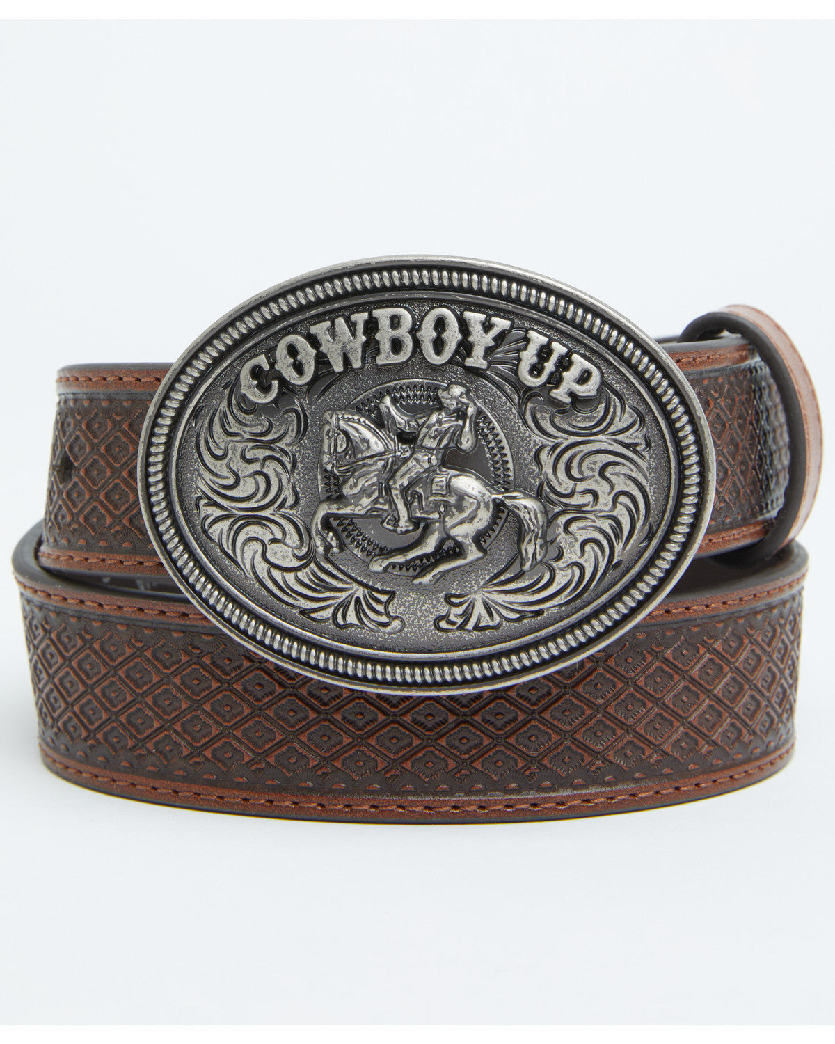 Boys' Basket Weave Cowboy Up Buckle Belt Brown