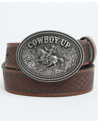 Boys' Basket Weave Cowboy Up Buckle Belt Brown